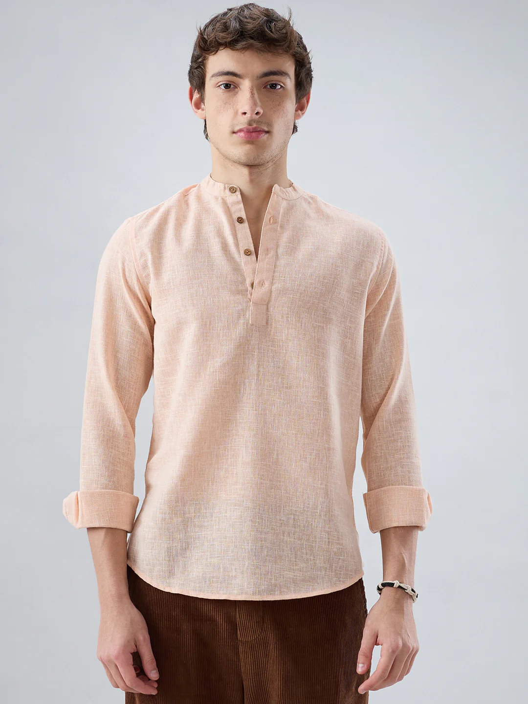 Creamy Peach Slub Textured Kurta - Image 5