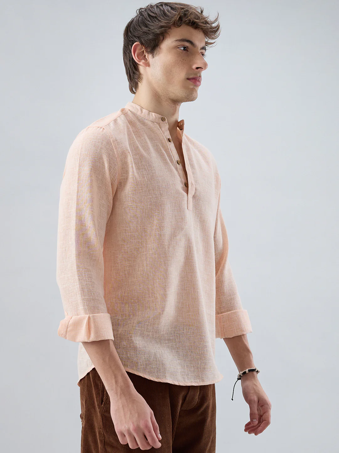 Creamy Peach Slub Textured Kurta - Image 6