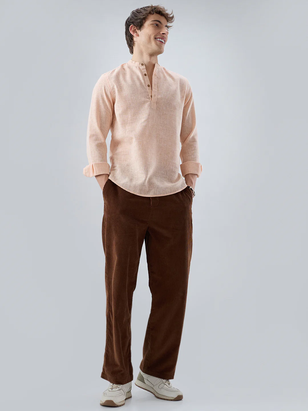 Creamy Peach Slub Textured Kurta - Image 8