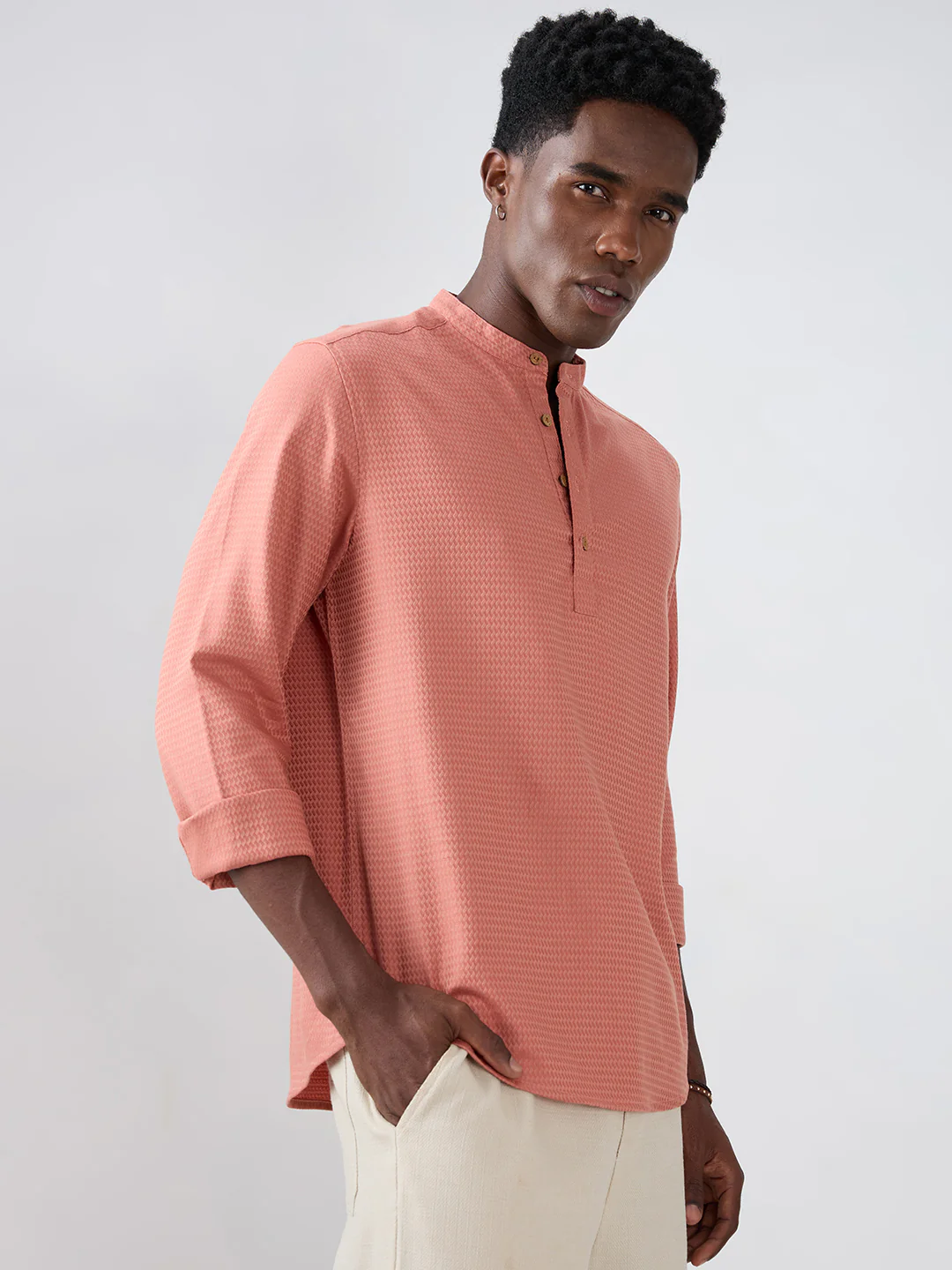 Creamy Peach Wavy Textured Kurta - Image 6