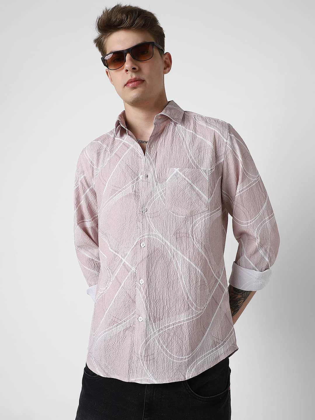 Creased Almond Beige Abstract Printed Shirt - Image 4
