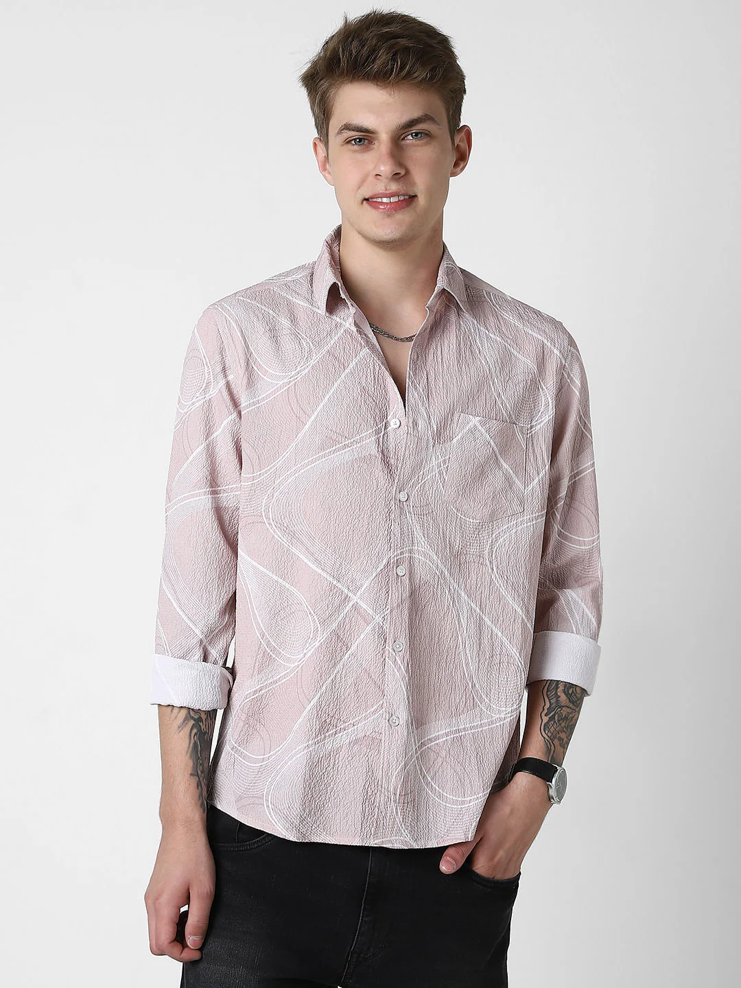 Creased Almond Beige Abstract Printed Shirt - Image 5