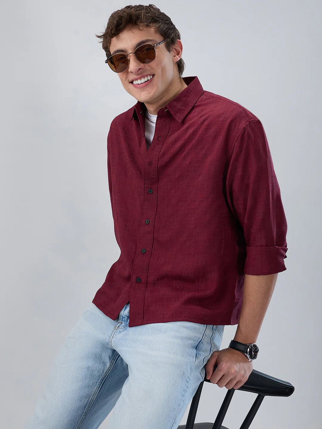 Crimson Maroon Soft Grid Textured Boxy Fit Crop Shirt - Image 2