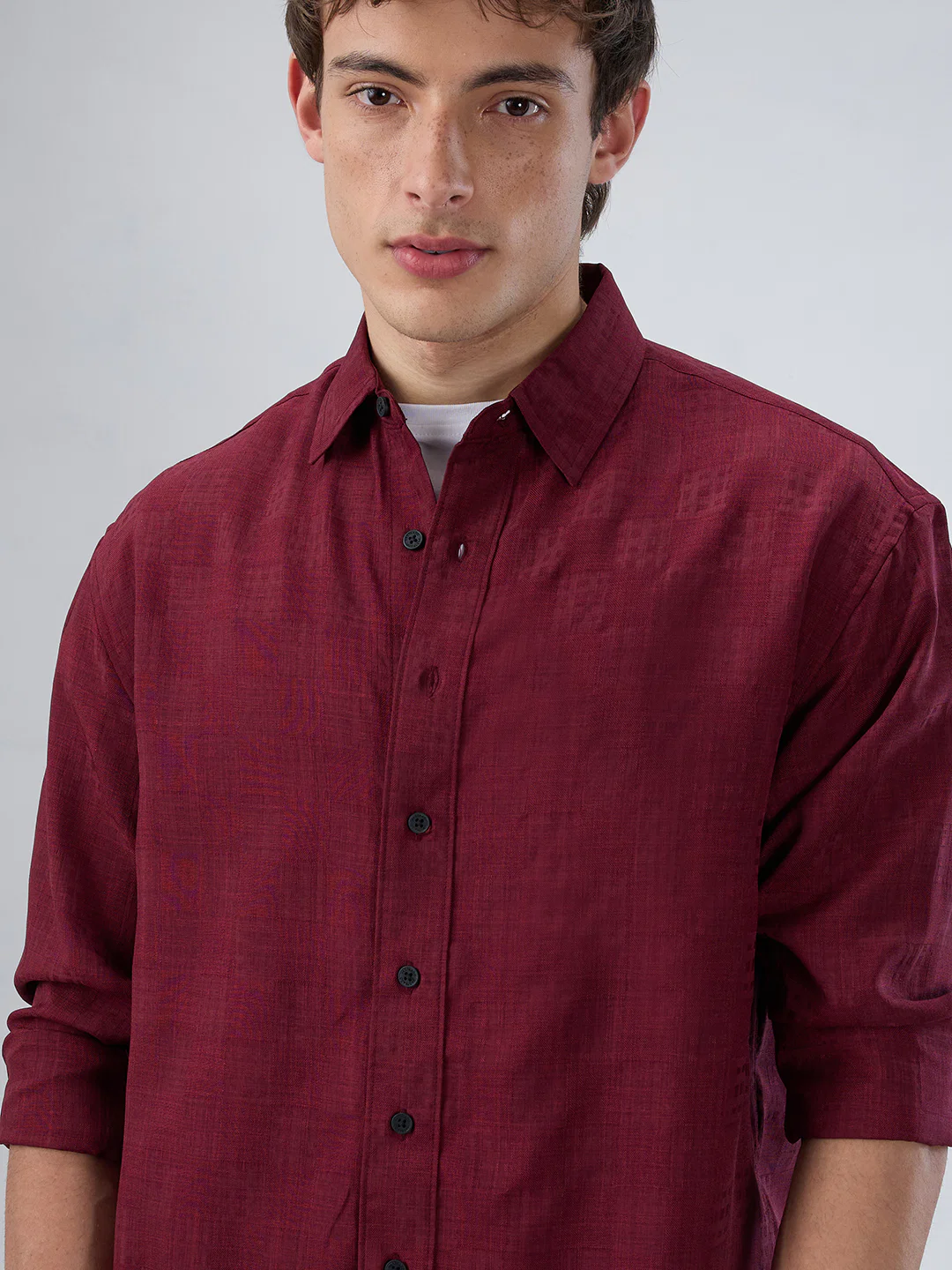 Crimson Maroon Soft Grid Textured Boxy Fit Crop Shirt - Image 3