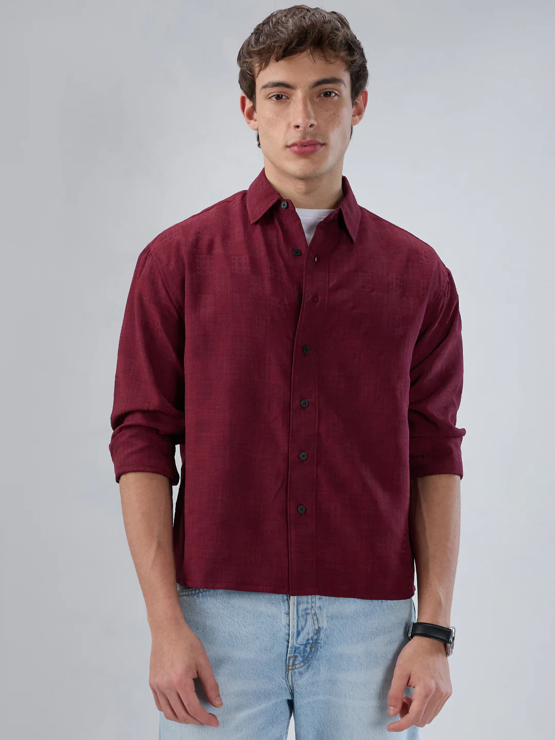 Crimson Maroon Soft Grid Textured Boxy Fit Crop Shirt - Image 4