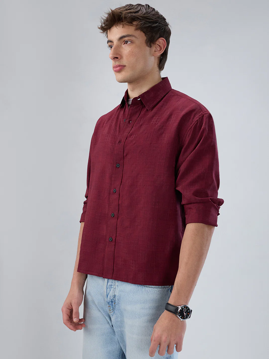 Crimson Maroon Soft Grid Textured Boxy Fit Crop Shirt - Image 5
