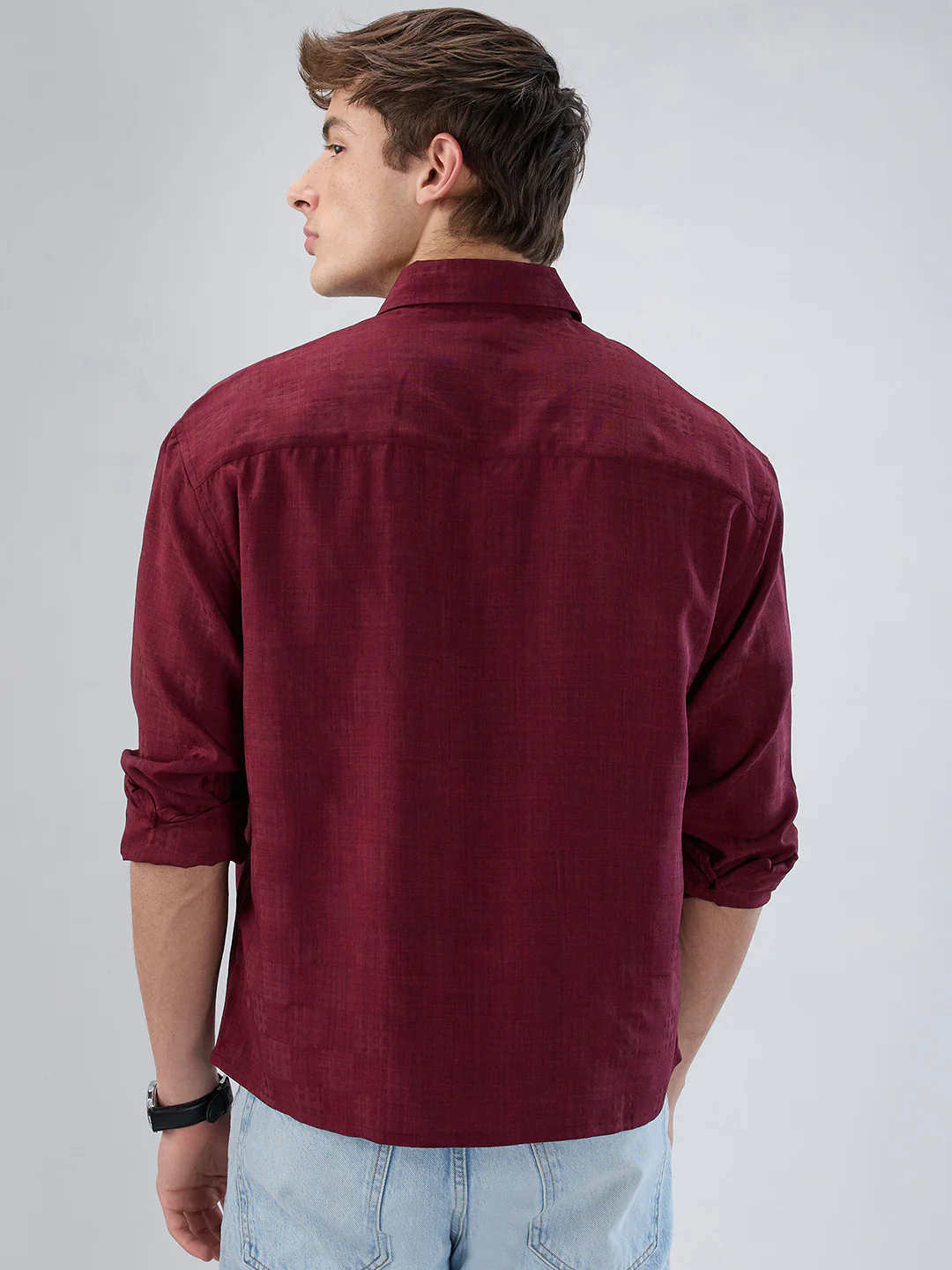 Crimson Maroon Soft Grid Textured Boxy Fit Crop Shirt - Image 6