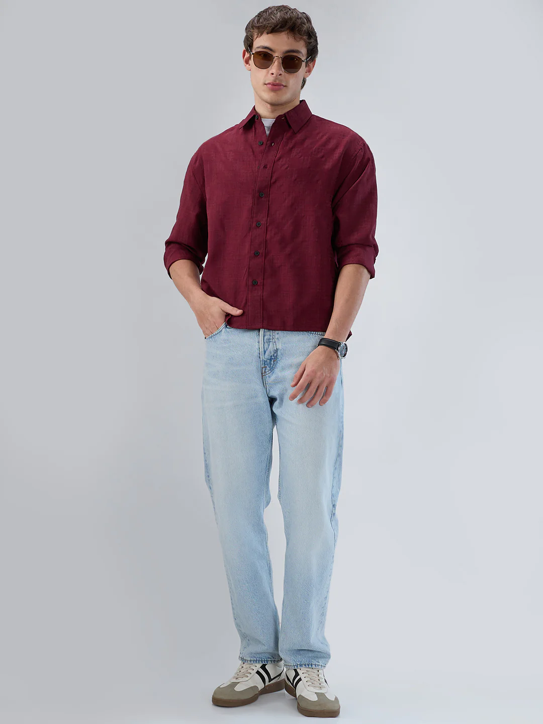 Crimson Maroon Soft Grid Textured Boxy Fit Crop Shirt - Image 7