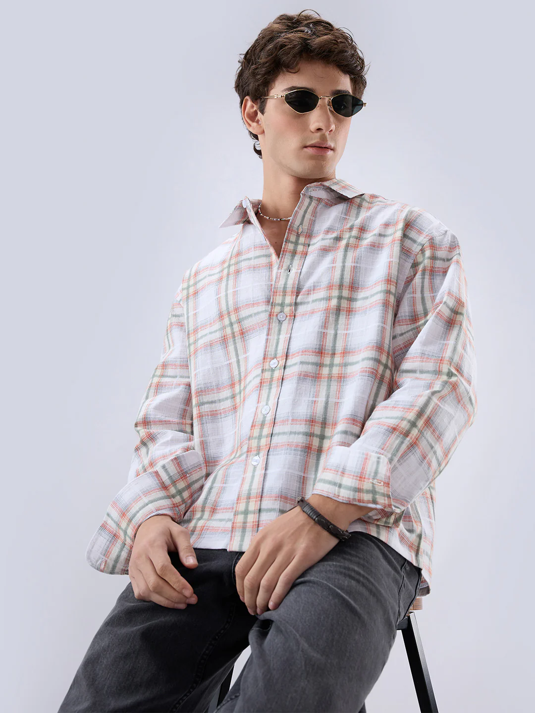 Crimson Thread Plaid Textured Checks Boxy Fit Crop Shirt - Image 4