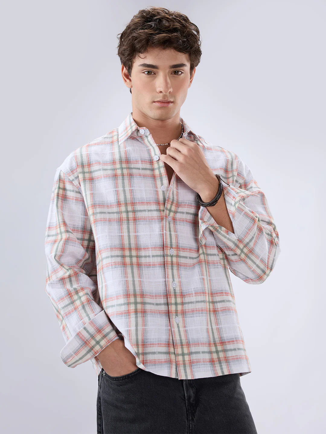 Crimson Thread Plaid Textured Checks Boxy Fit Crop Shirt - Image 5
