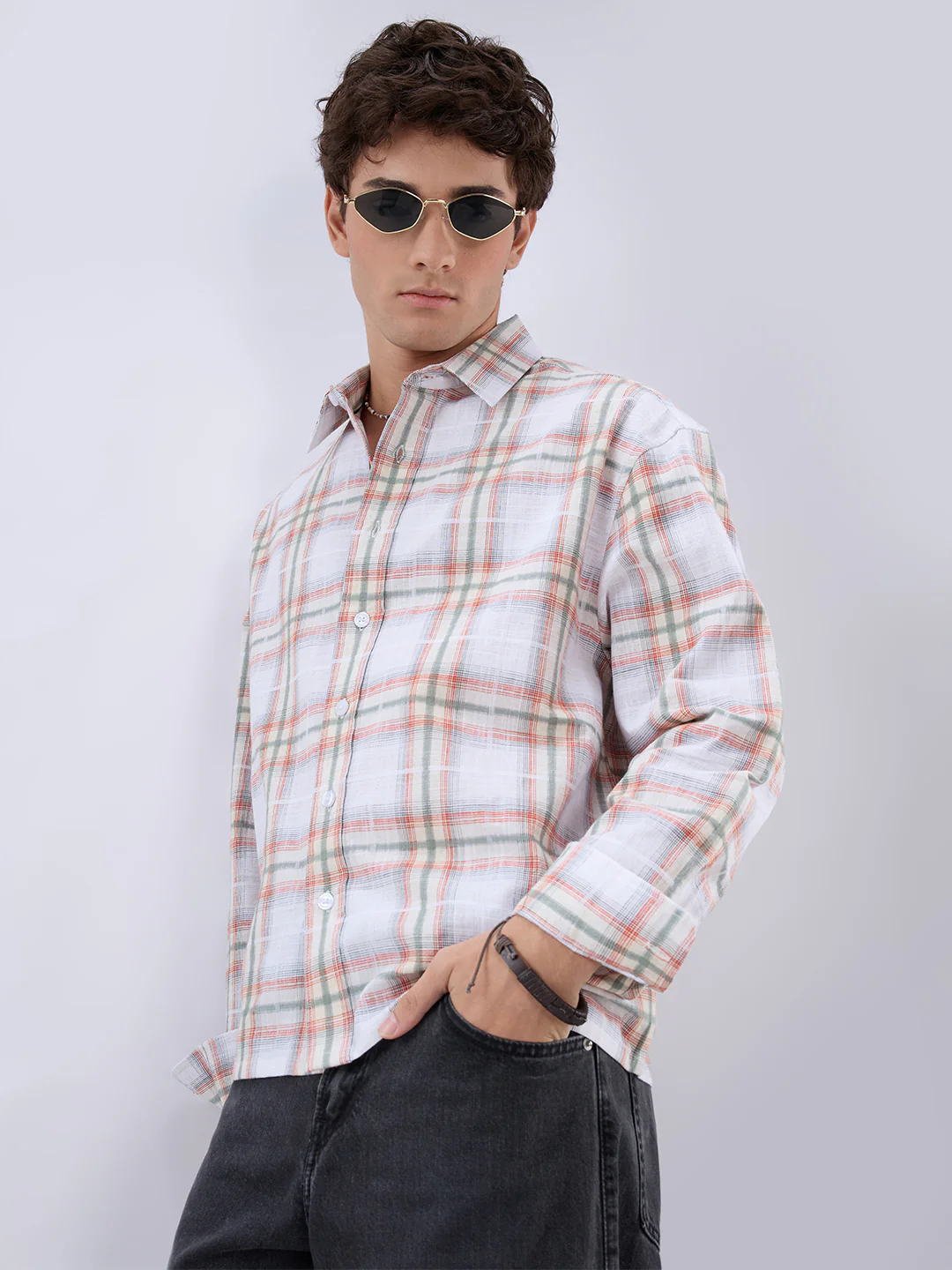 Crimson Thread Plaid Textured Checks Boxy Fit Crop Shirt - Image 6