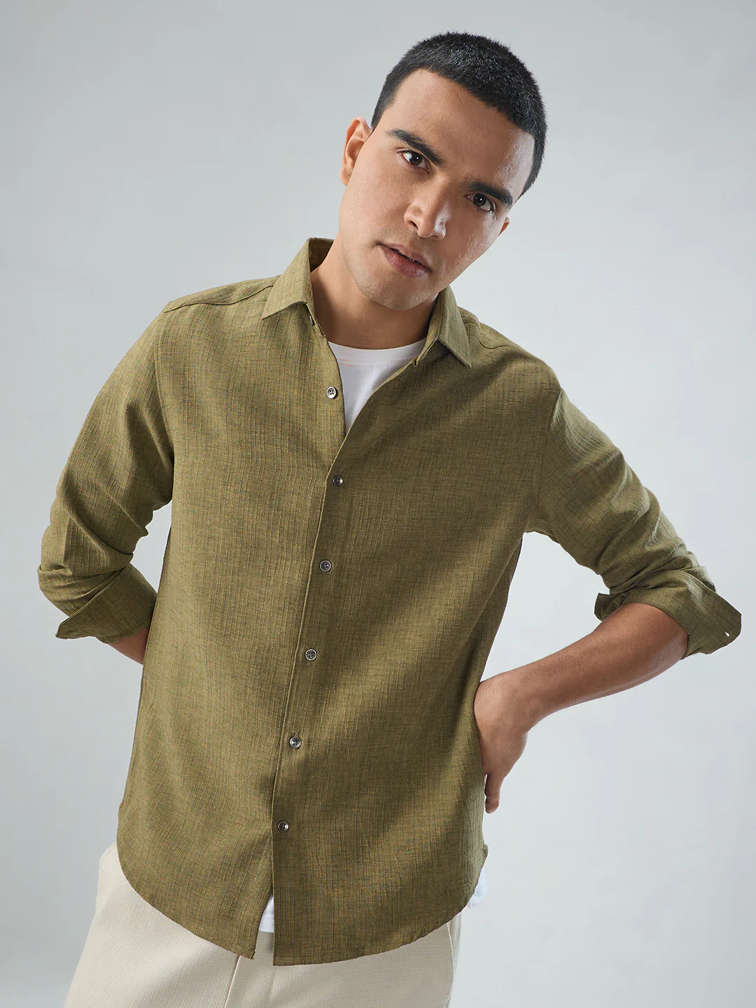 Crocodile Green Slub Textured Shirt