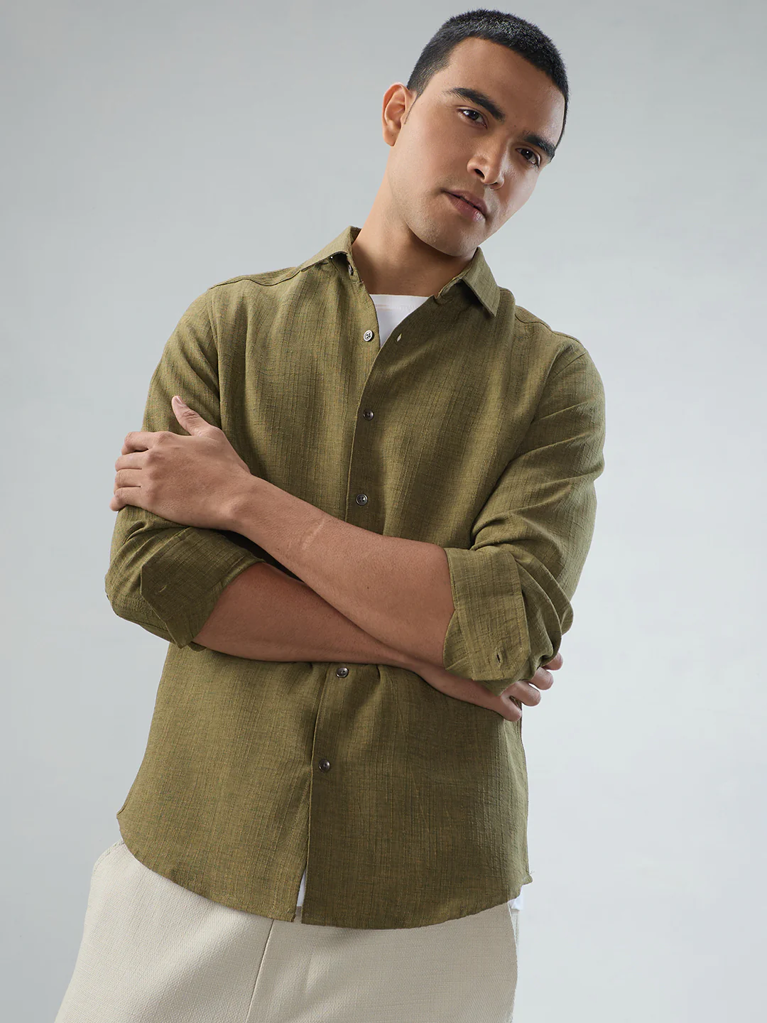 Crocodile Green Slub Textured Shirt - Image 2