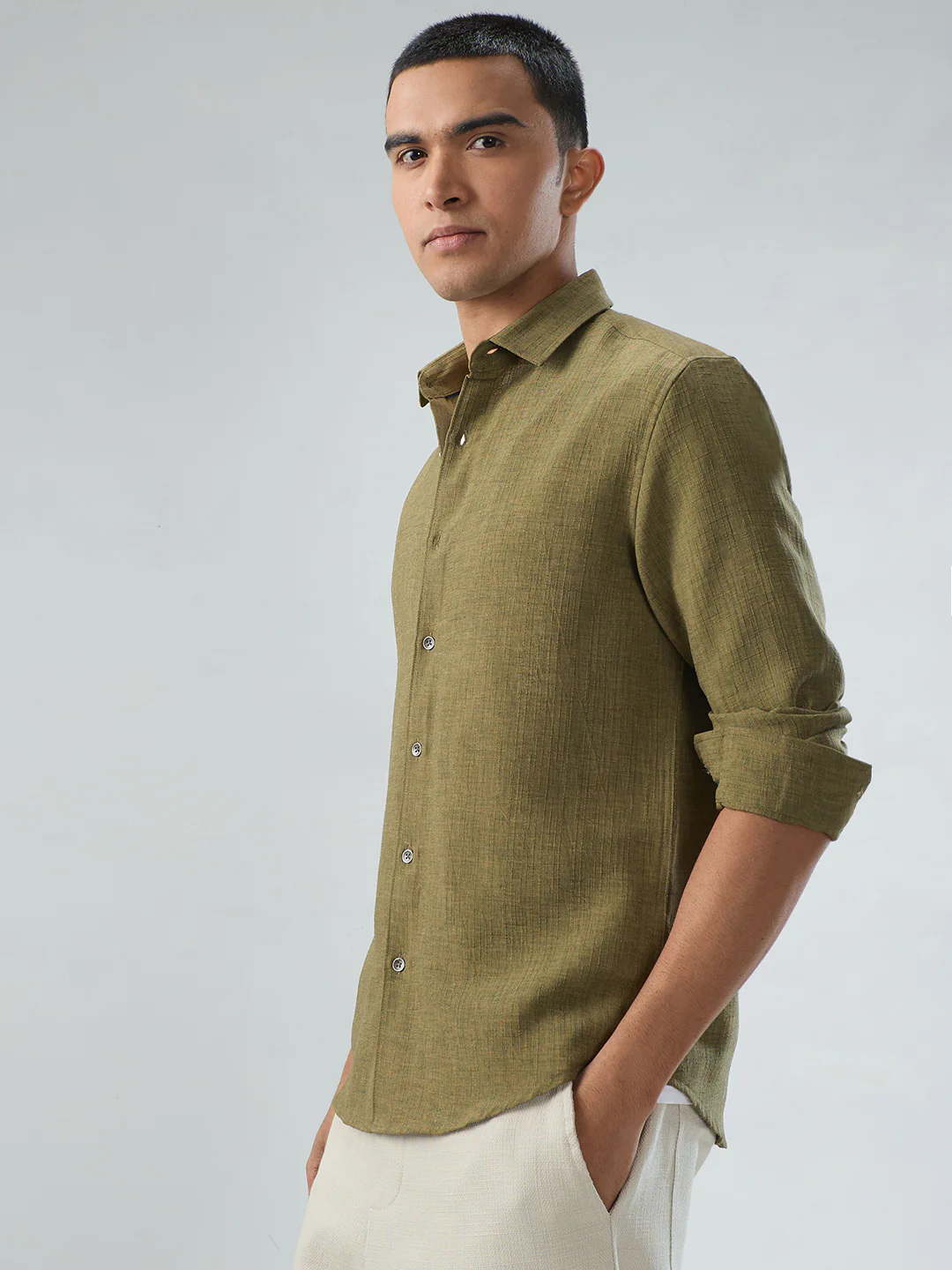 Crocodile Green Slub Textured Shirt - Image 5
