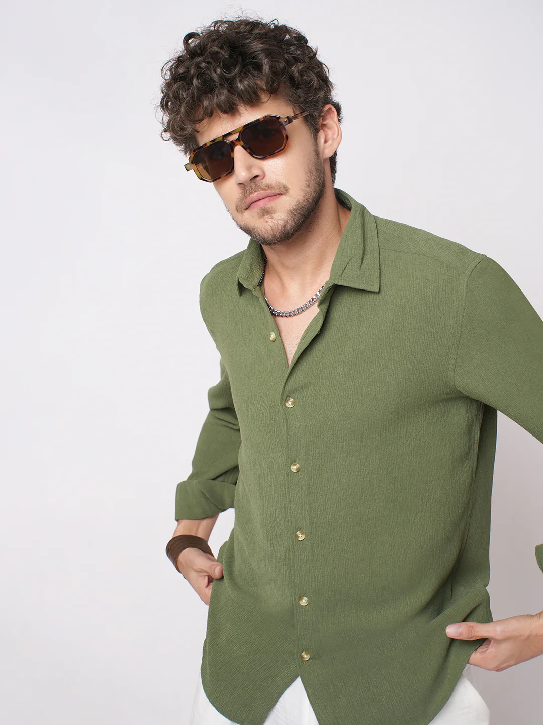 Crushed Olive Textured Crepe Shirt - Image 2