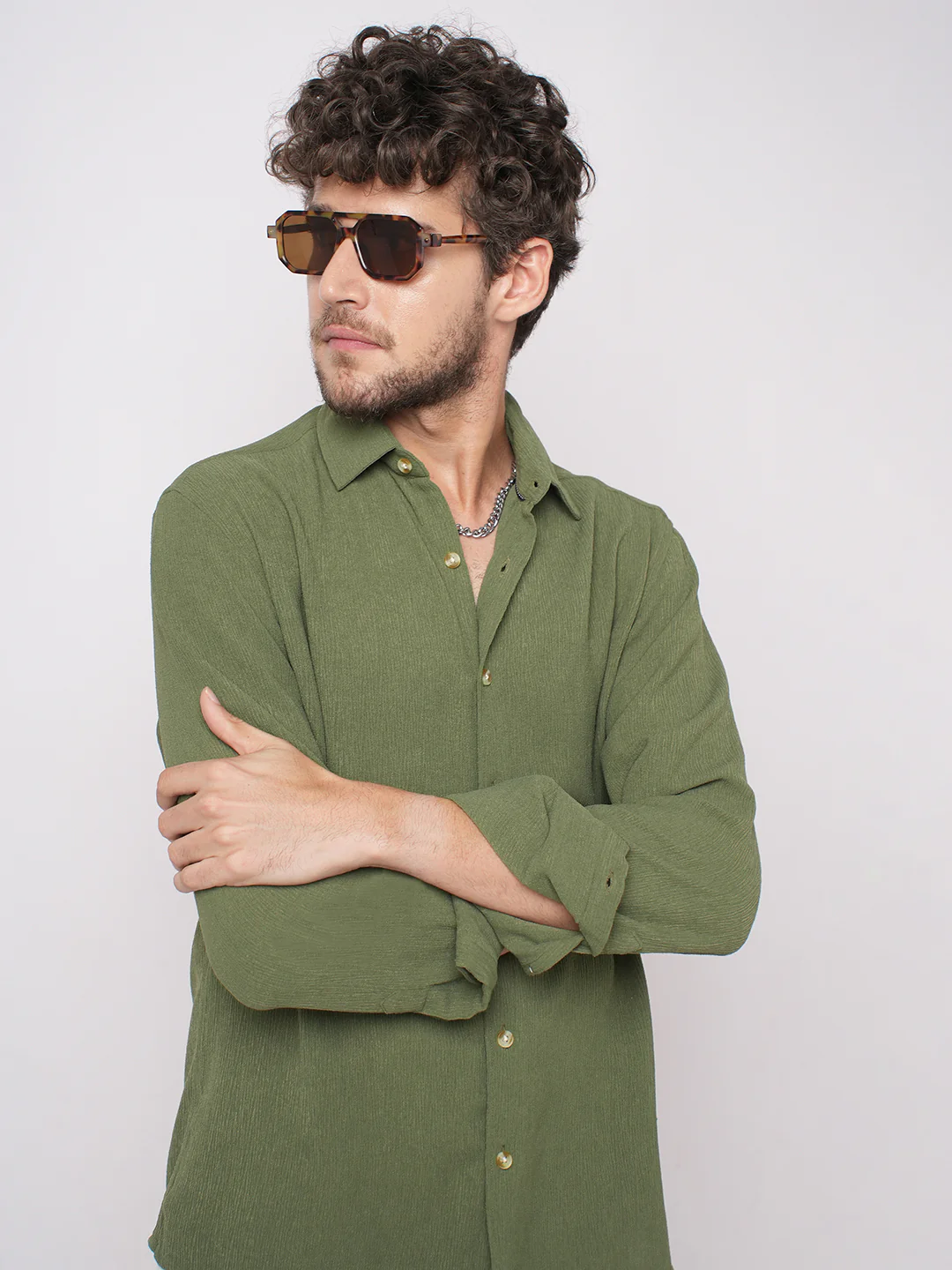 Crushed Olive Textured Crepe Shirt - Image 4