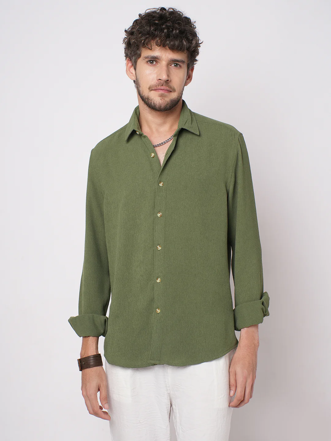 Crushed Olive Textured Crepe Shirt - Image 5