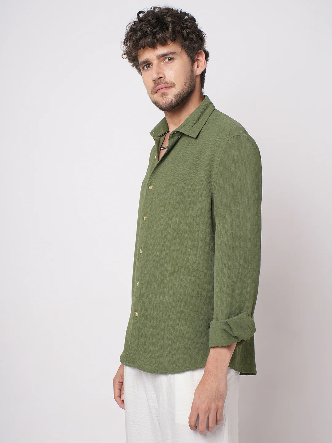 Crushed Olive Textured Crepe Shirt - Image 6