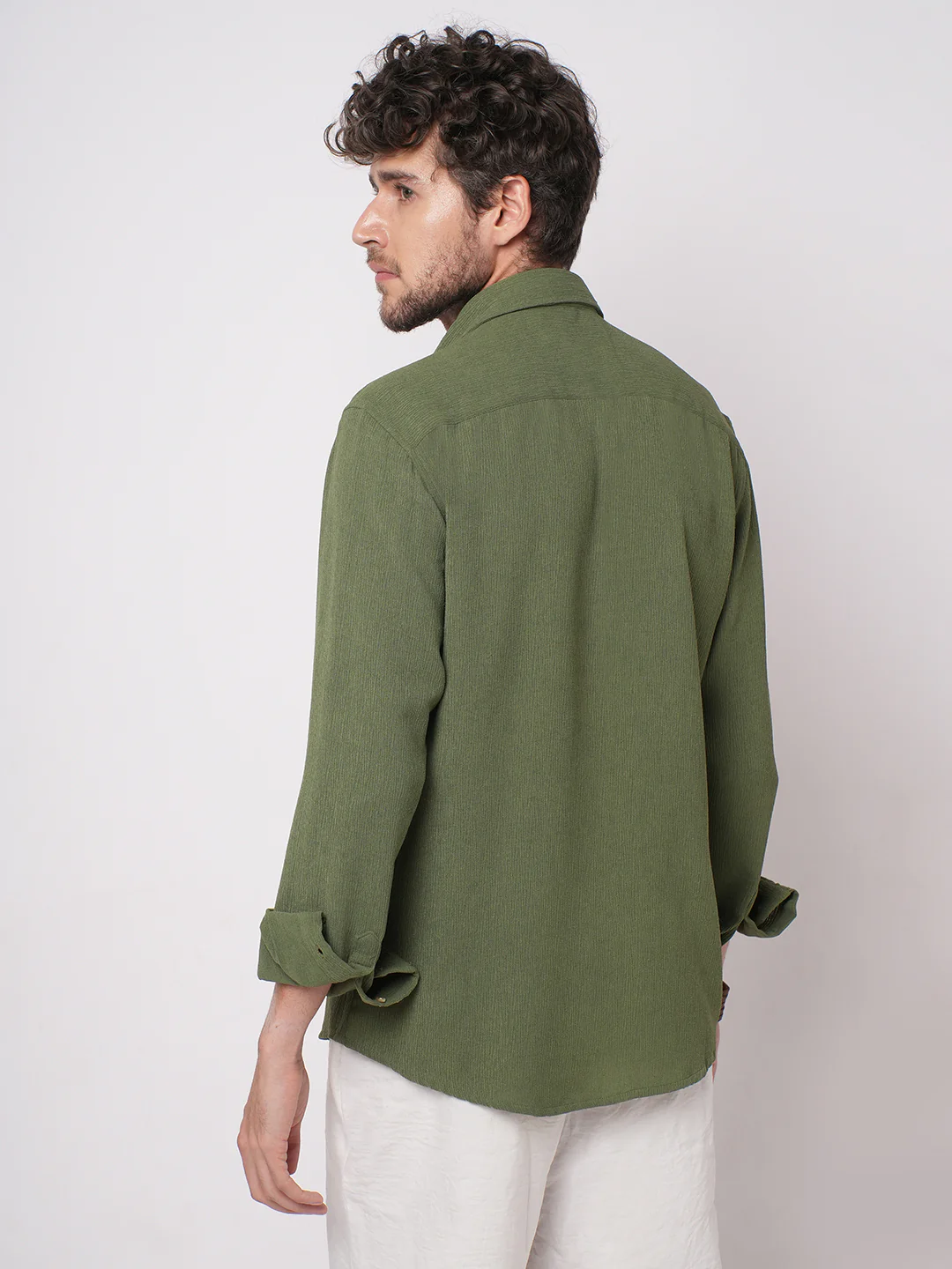 Crushed Olive Textured Crepe Shirt - Image 7