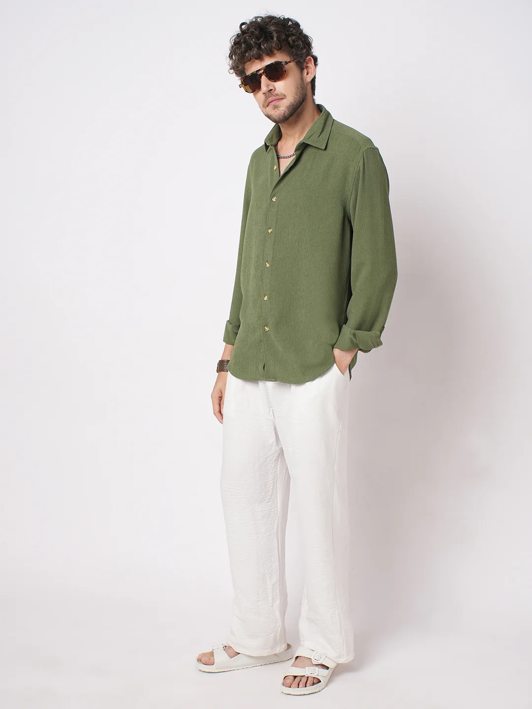 Crushed Olive Textured Crepe Shirt - Image 8