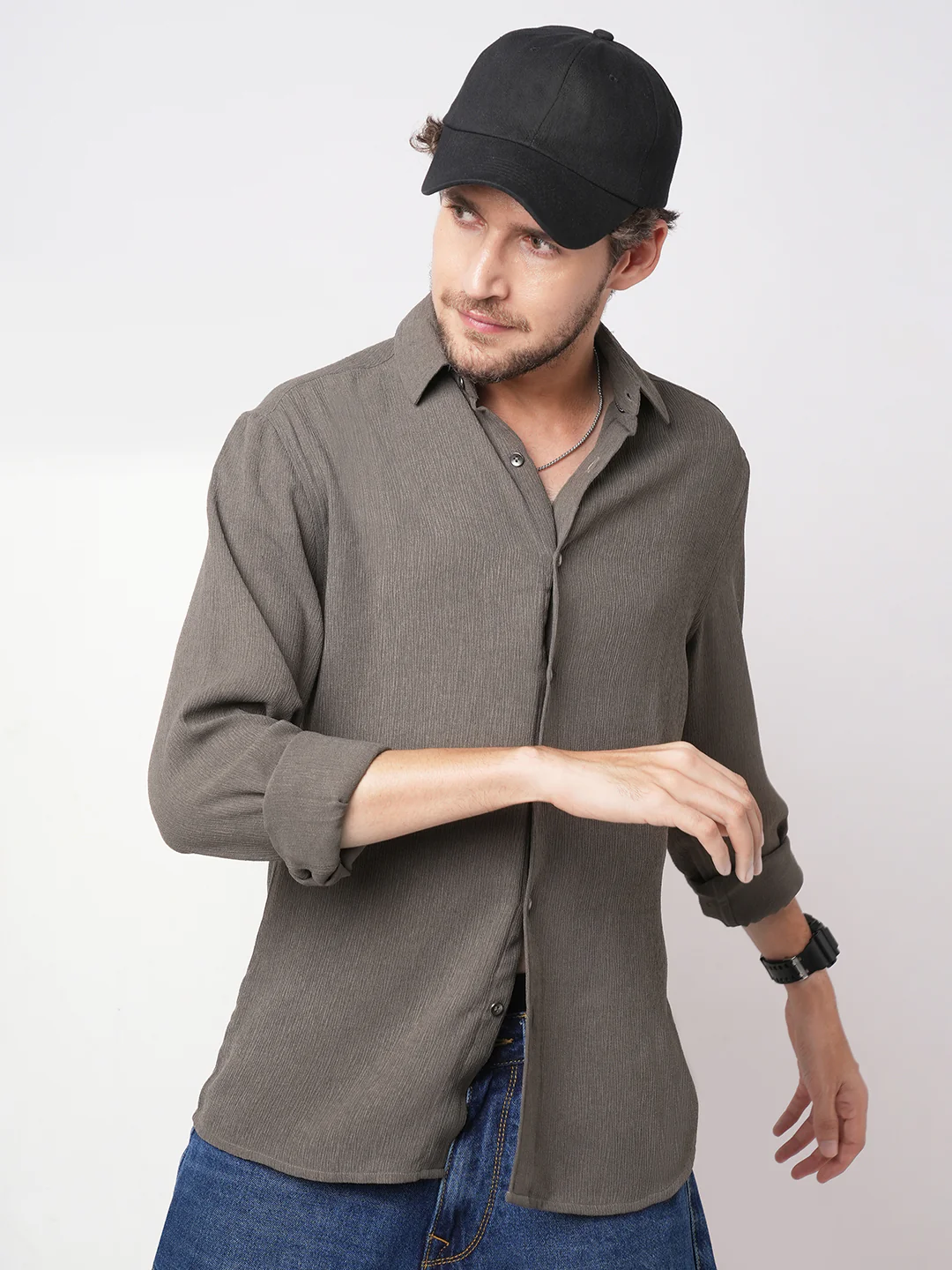 Crushed Warm Grey Crepe Shirt - Image 4
