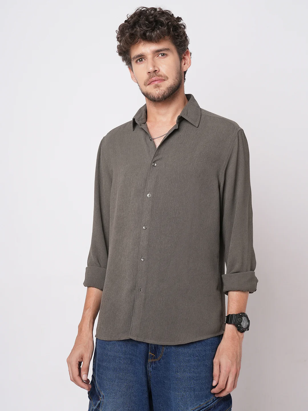 Crushed Warm Grey Crepe Shirt - Image 5