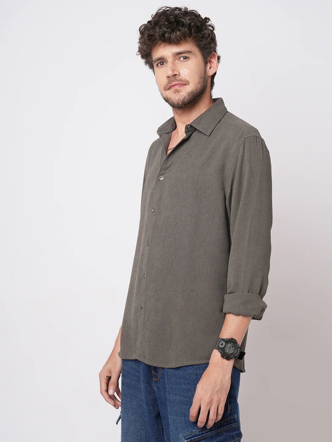 Crushed Warm Grey Crepe Shirt - Image 6