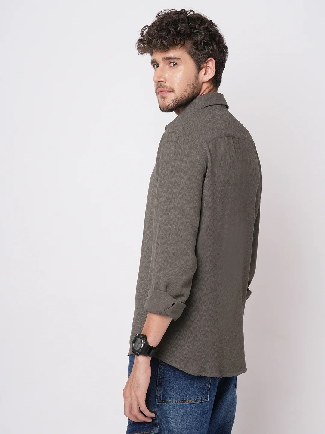 Crushed Warm Grey Crepe Shirt - Image 7
