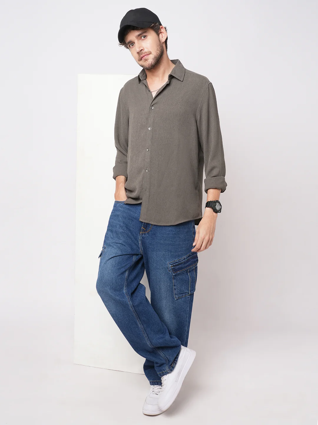 Crushed Warm Grey Crepe Shirt - Image 8