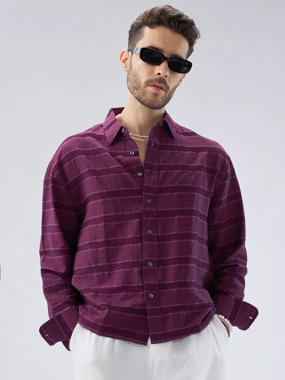 Crushed Wine Textured Oversized Boxy Fit Crop Shirt - Image 2
