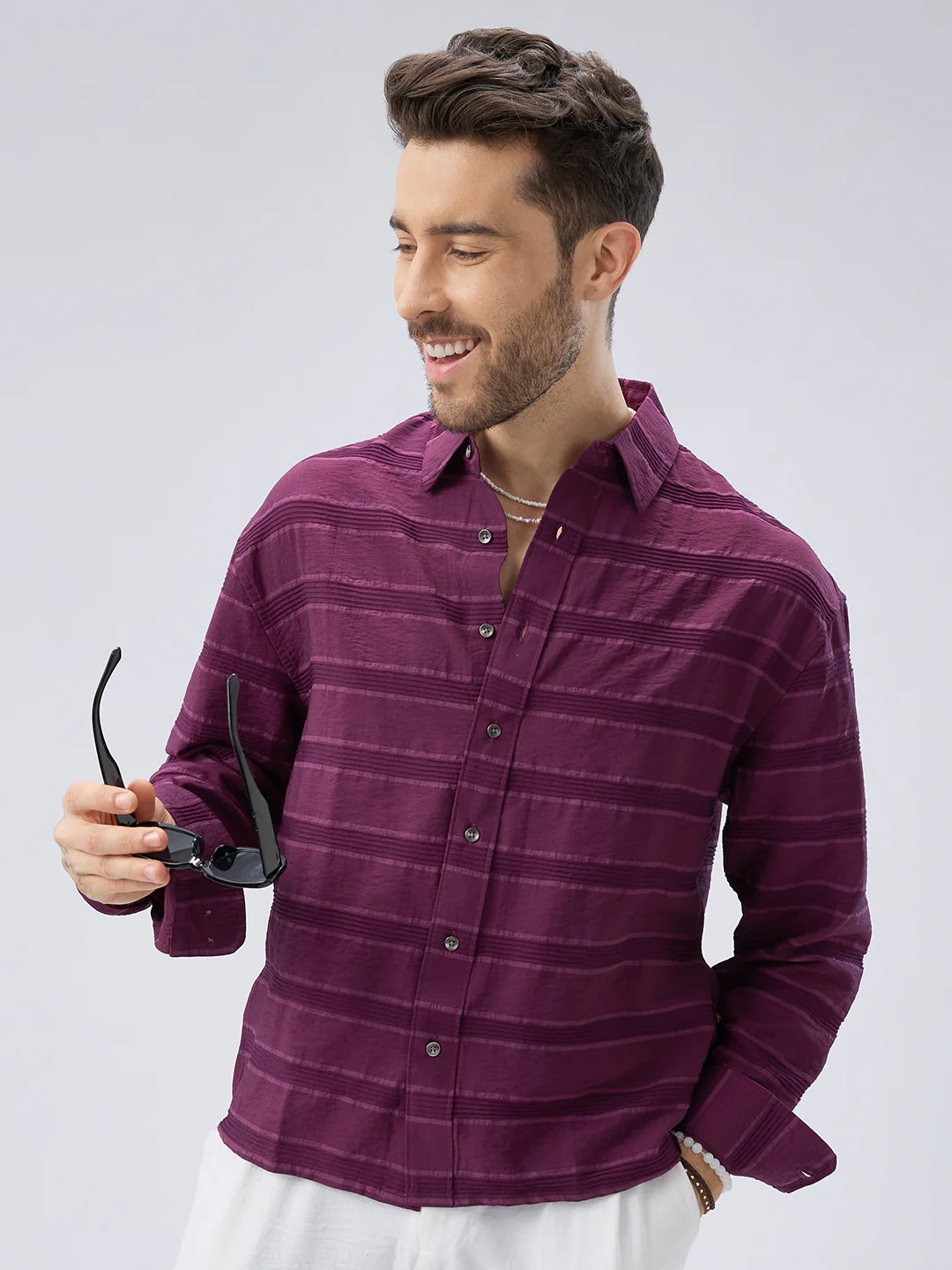 Crushed Wine Textured Oversized Boxy Fit Crop Shirt - Image 4