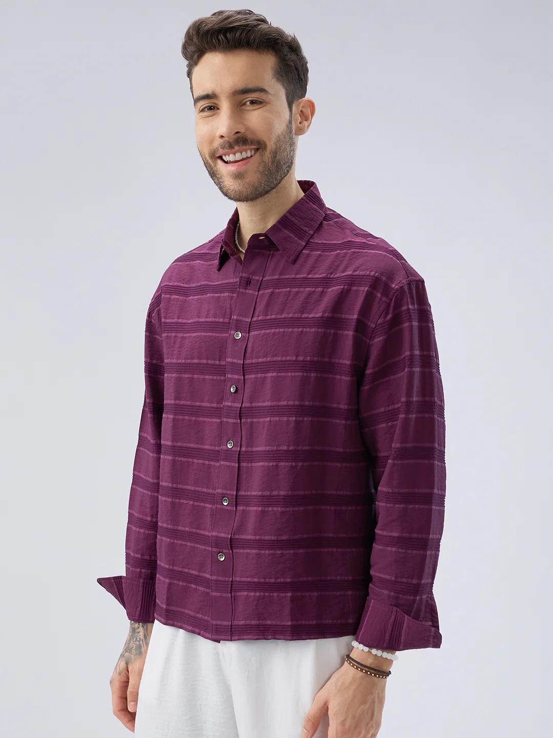 Crushed Wine Textured Oversized Boxy Fit Crop Shirt - Image 5