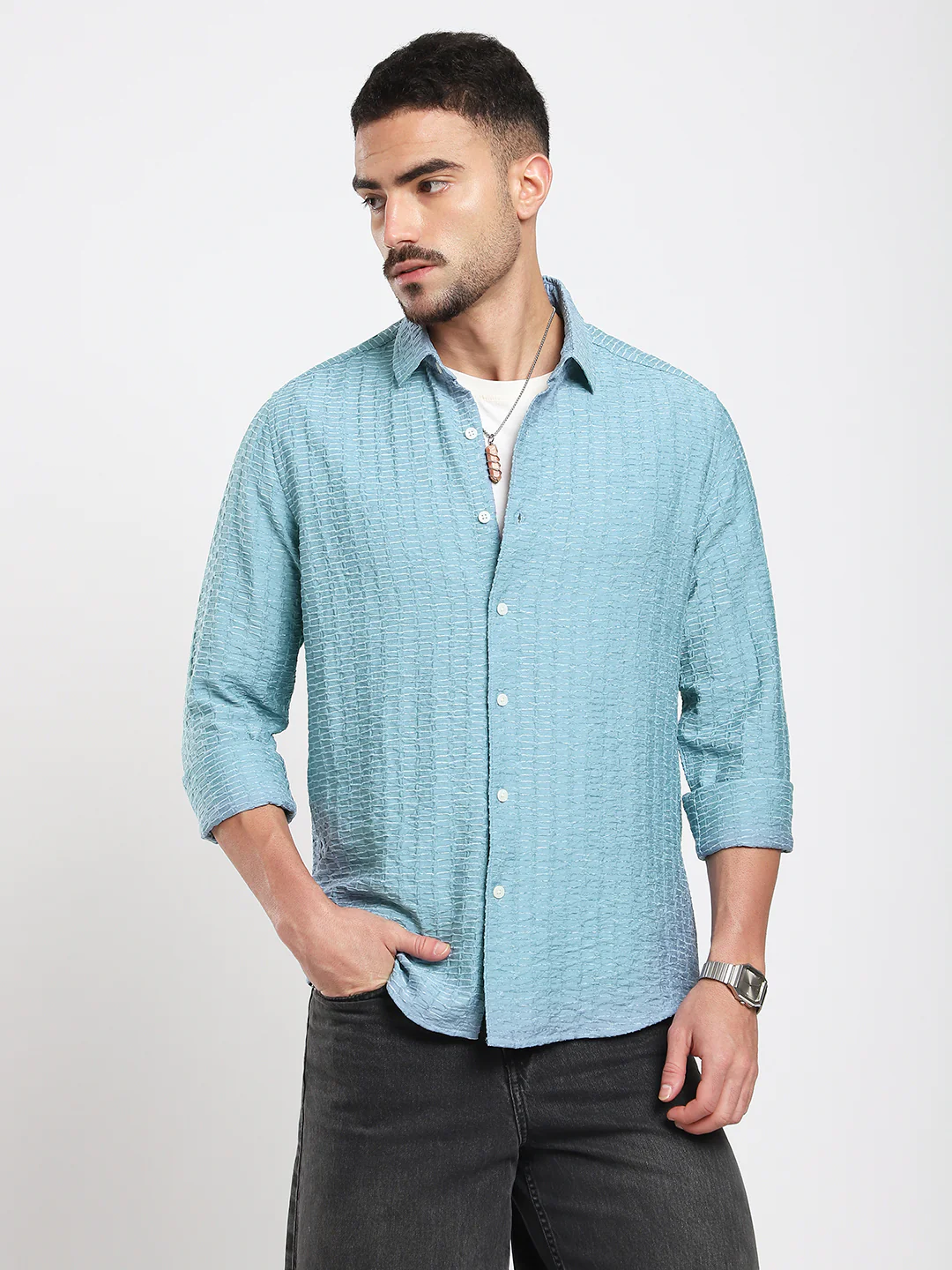 Crystal Wave Blue Horizontal Textured Shirt - Image 4