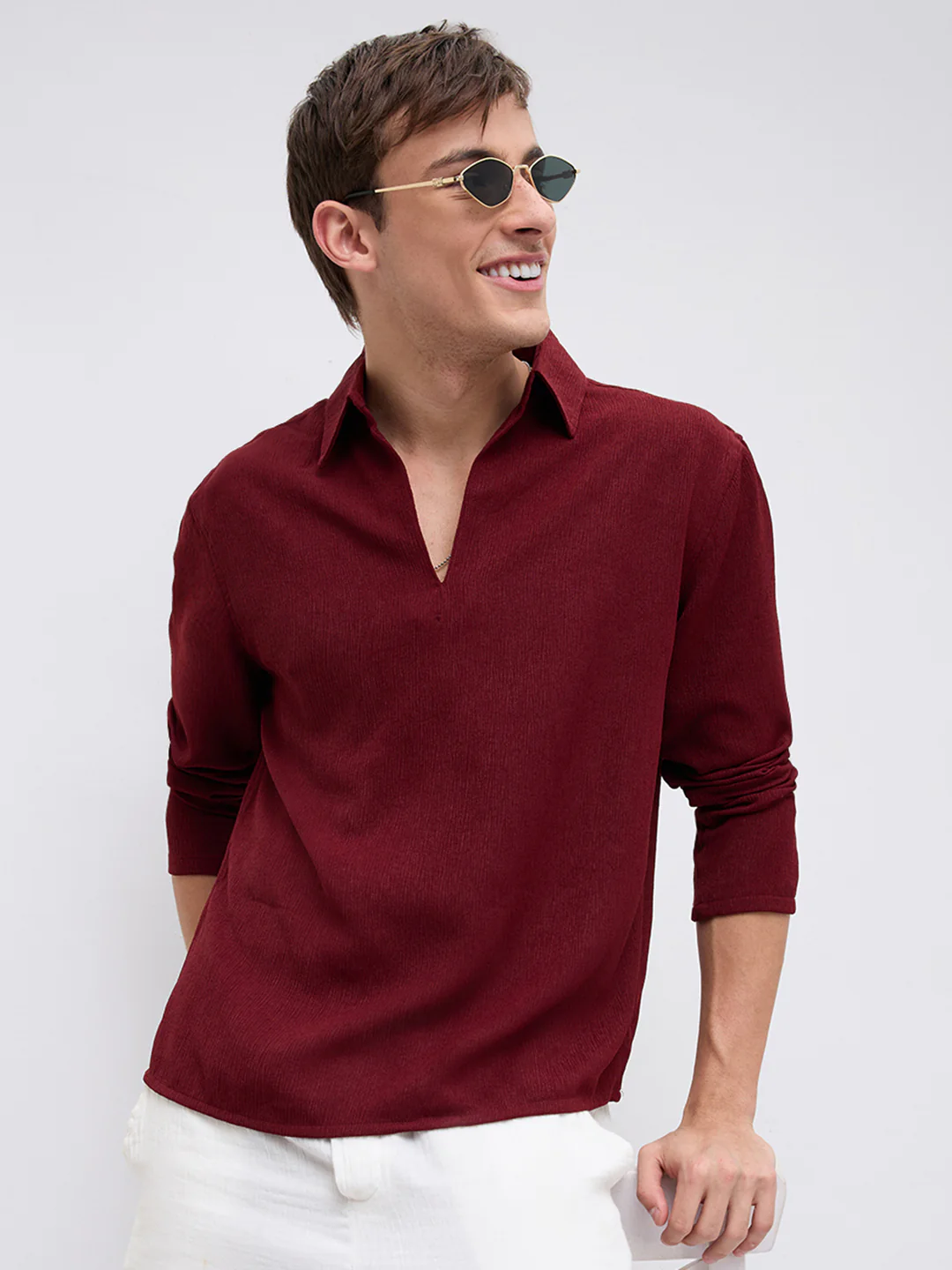 Currant Red Crepe Oversized Polo Shirt - Image 2