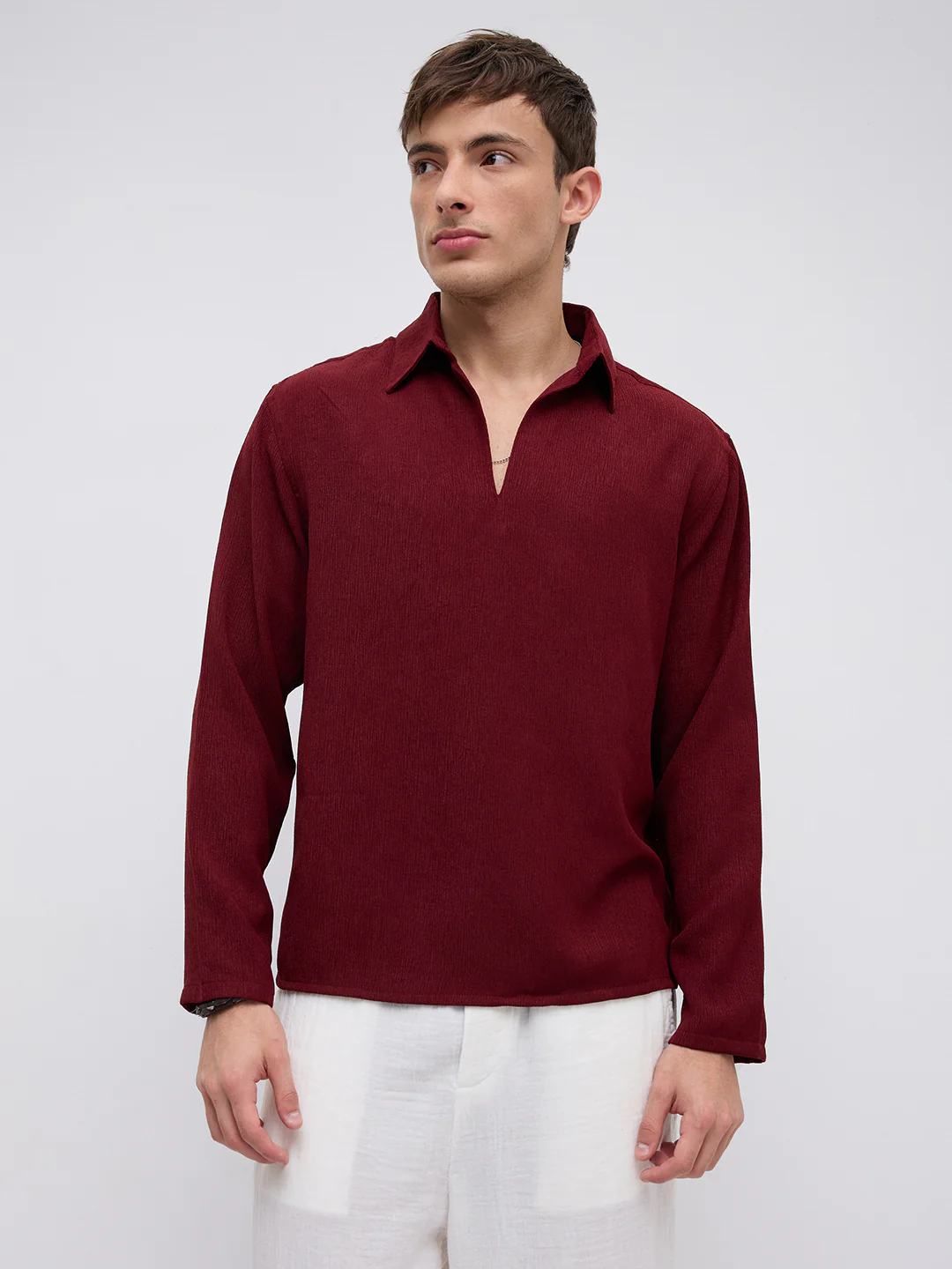 Currant Red Crepe Oversized Polo Shirt - Image 5