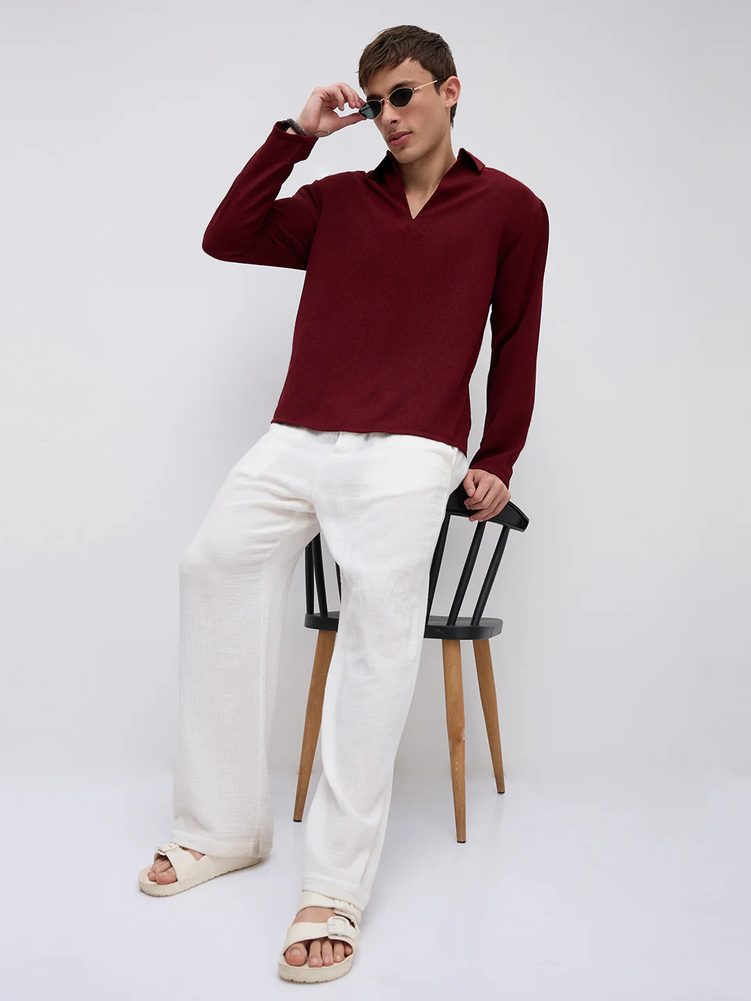 Currant Red Crepe Oversized Polo Shirt - Image 8