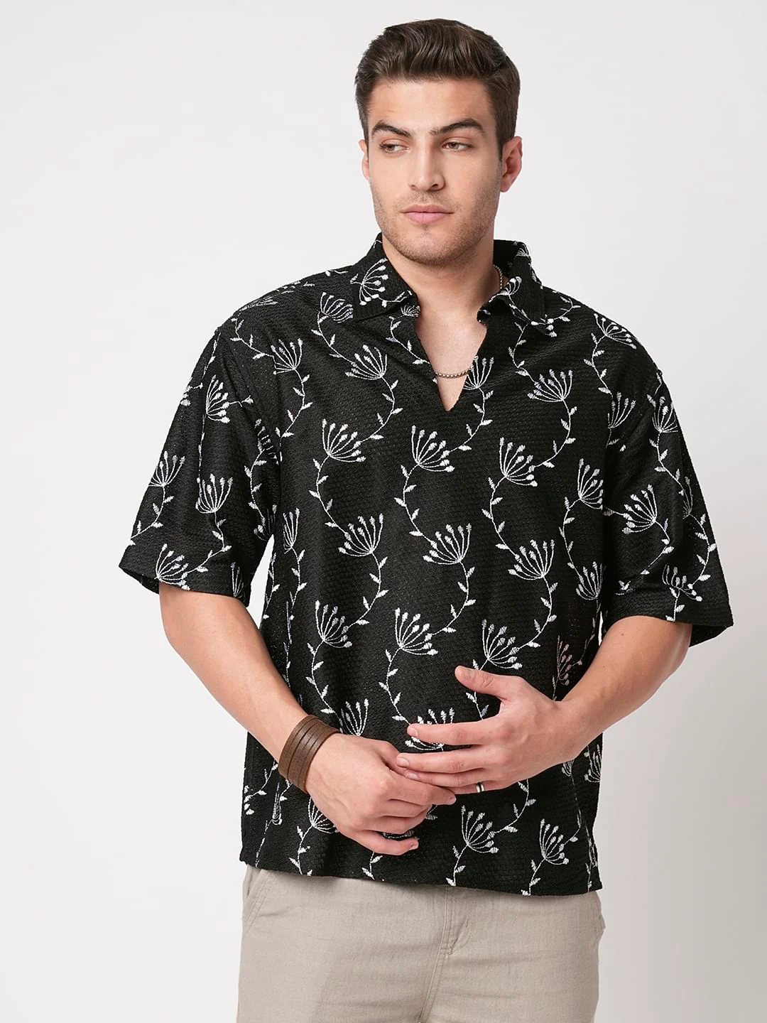 Dandelion Black Embroidered Crochet Oversized Polo Shirt - Image 5
