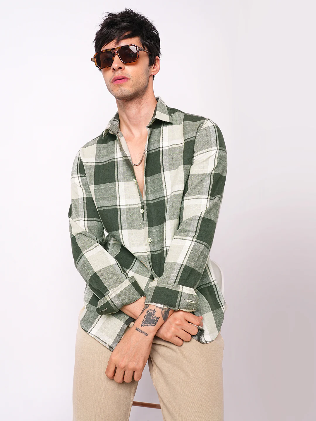 Premium Cotton Dark Army Green Windowpane Checks Textured Shirt - Image 2