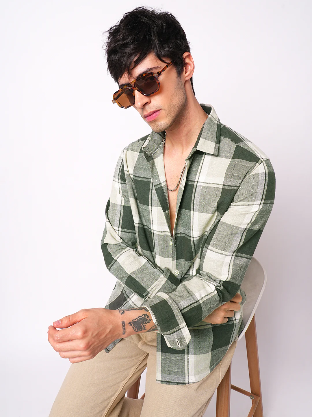 Premium Cotton Dark Army Green Windowpane Checks Textured Shirt - Image 4
