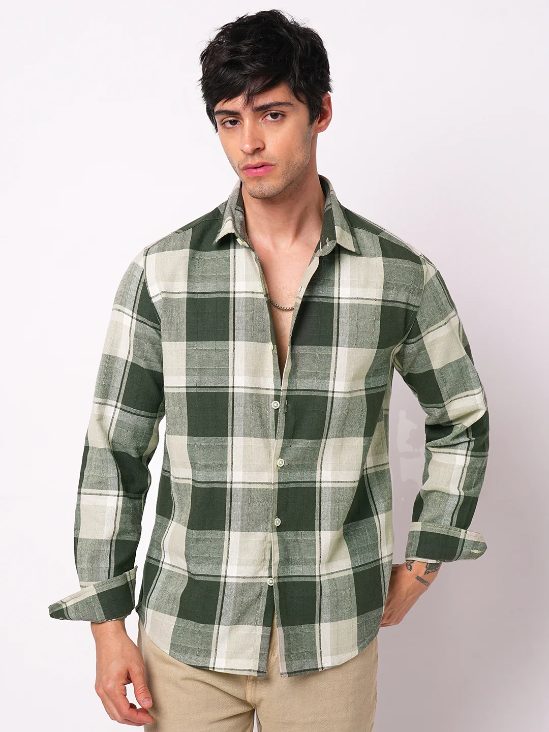 Premium Cotton Dark Army Green Windowpane Checks Textured Shirt - Image 5