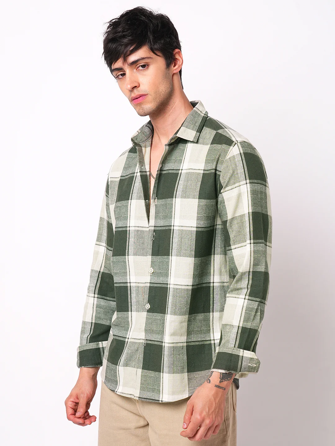 Premium Cotton Dark Army Green Windowpane Checks Textured Shirt - Image 6
