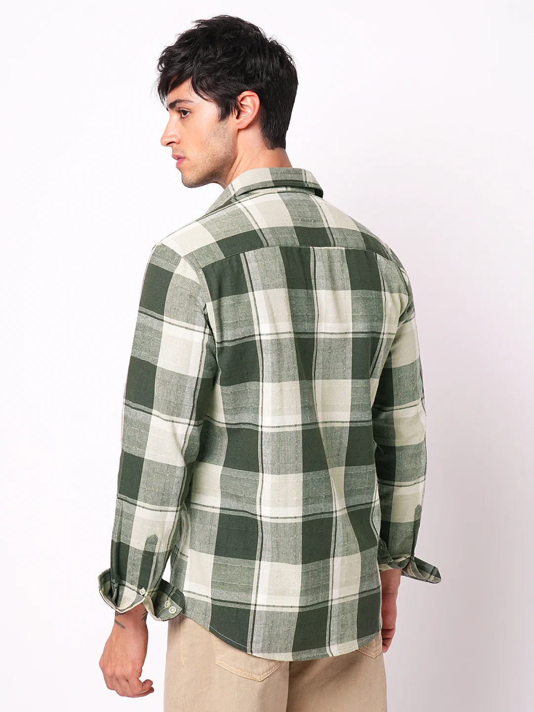 Premium Cotton Dark Army Green Windowpane Checks Textured Shirt - Image 7