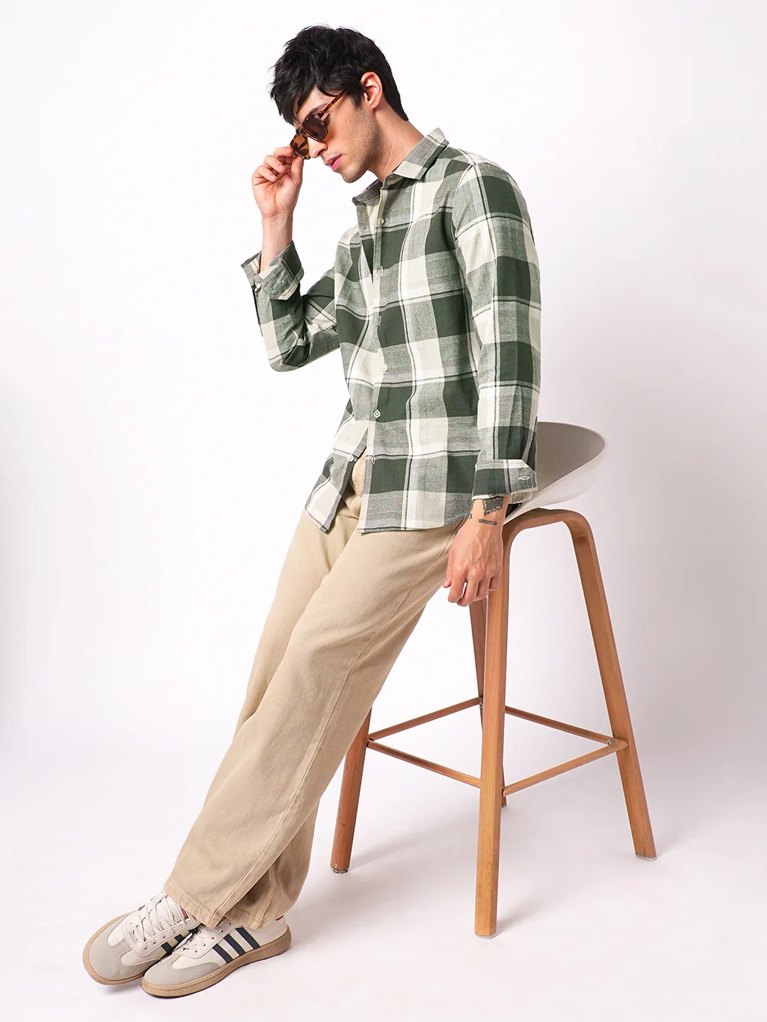 Premium Cotton Dark Army Green Windowpane Checks Textured Shirt - Image 8