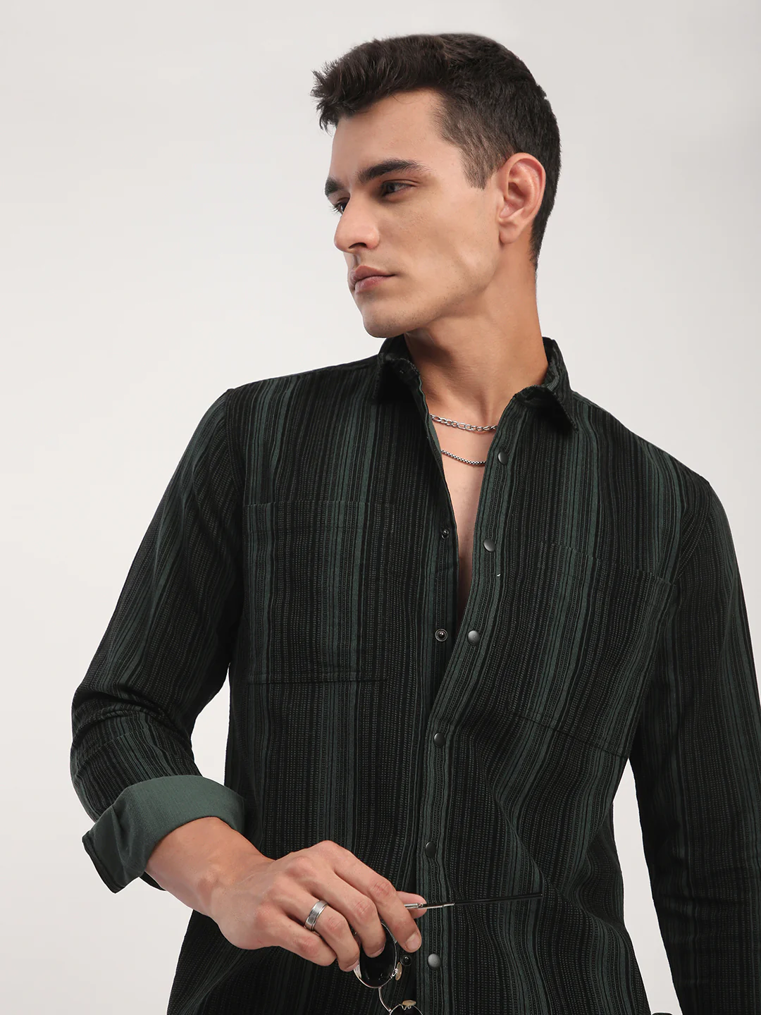 Dark Green Striped Double Pocket Corduroy Shirt - Image 2