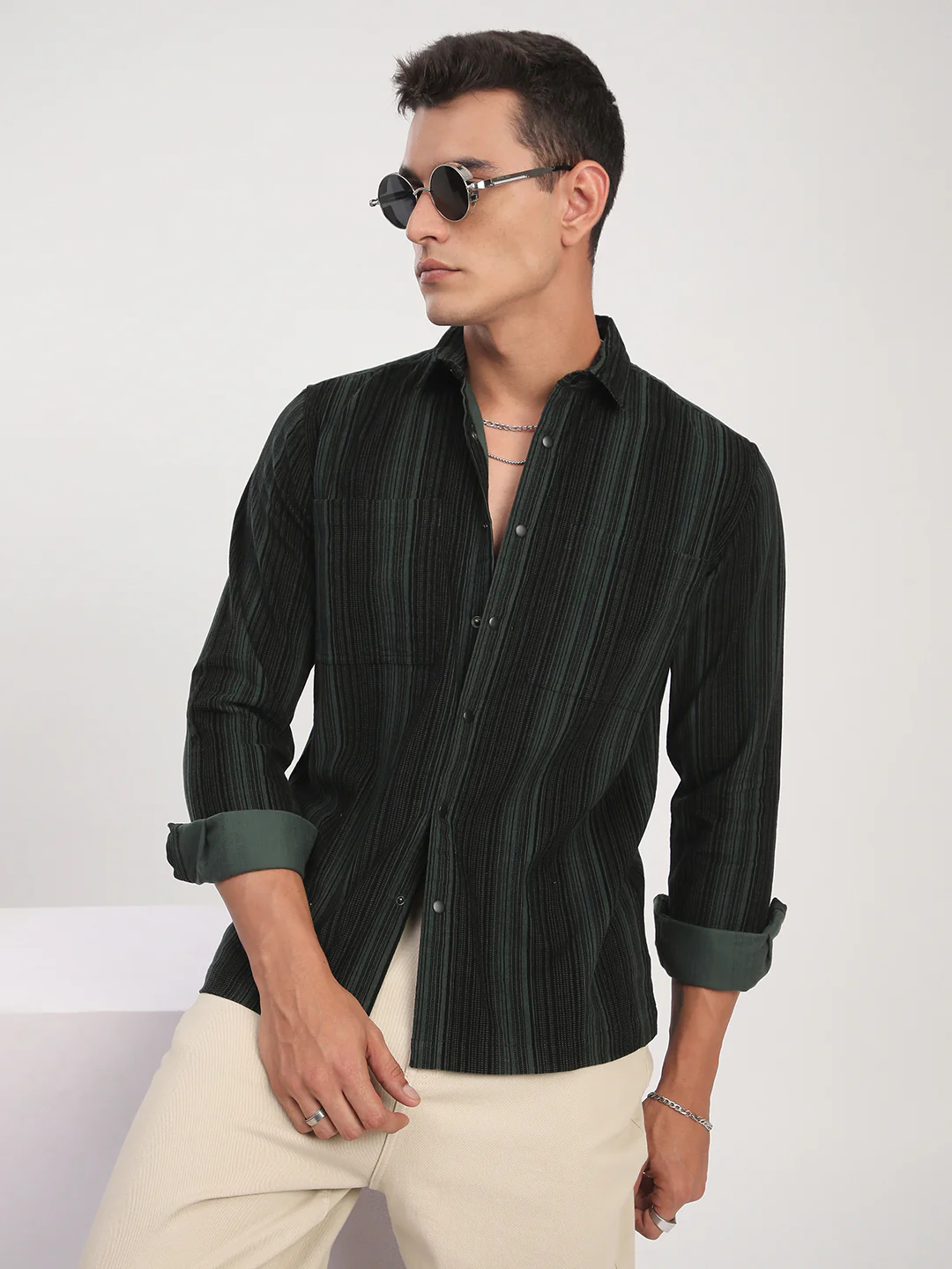 Dark Green Striped Double Pocket Corduroy Shirt - Image 4