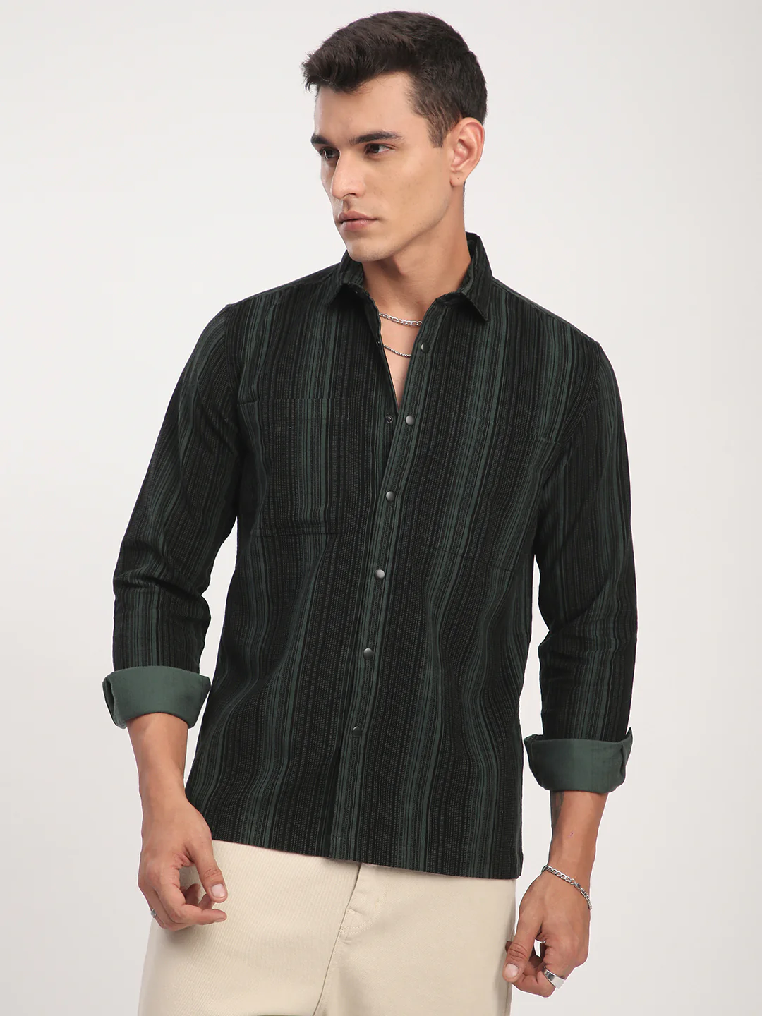 Dark Green Striped Double Pocket Corduroy Shirt - Image 5