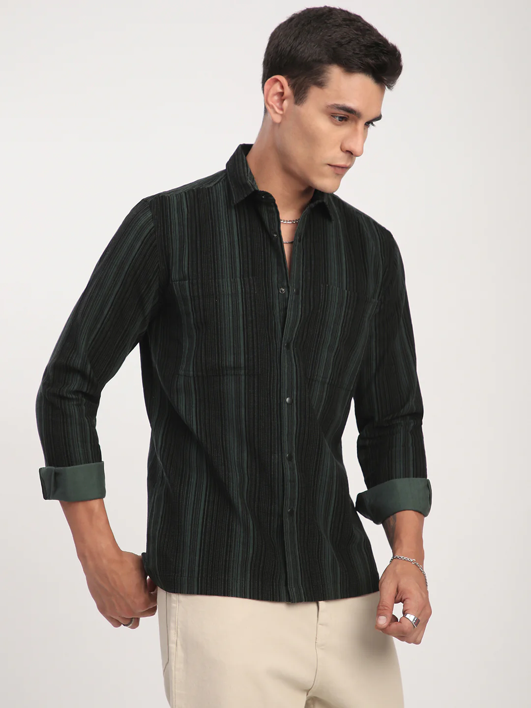 Dark Green Striped Double Pocket Corduroy Shirt - Image 6