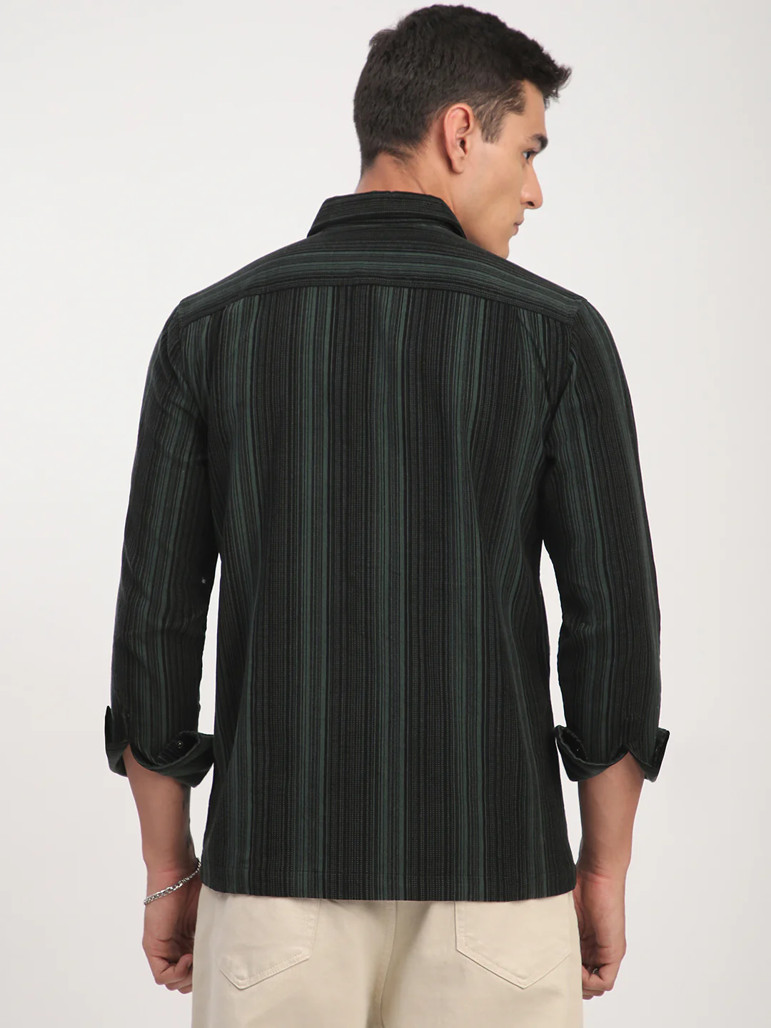 Dark Green Striped Double Pocket Corduroy Shirt - Image 7