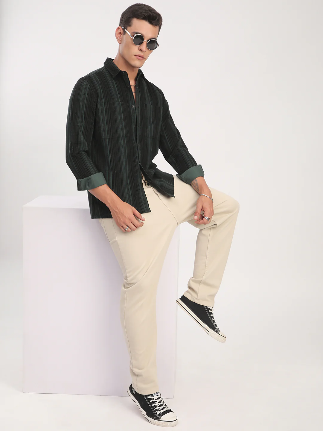 Dark Green Striped Double Pocket Corduroy Shirt - Image 8