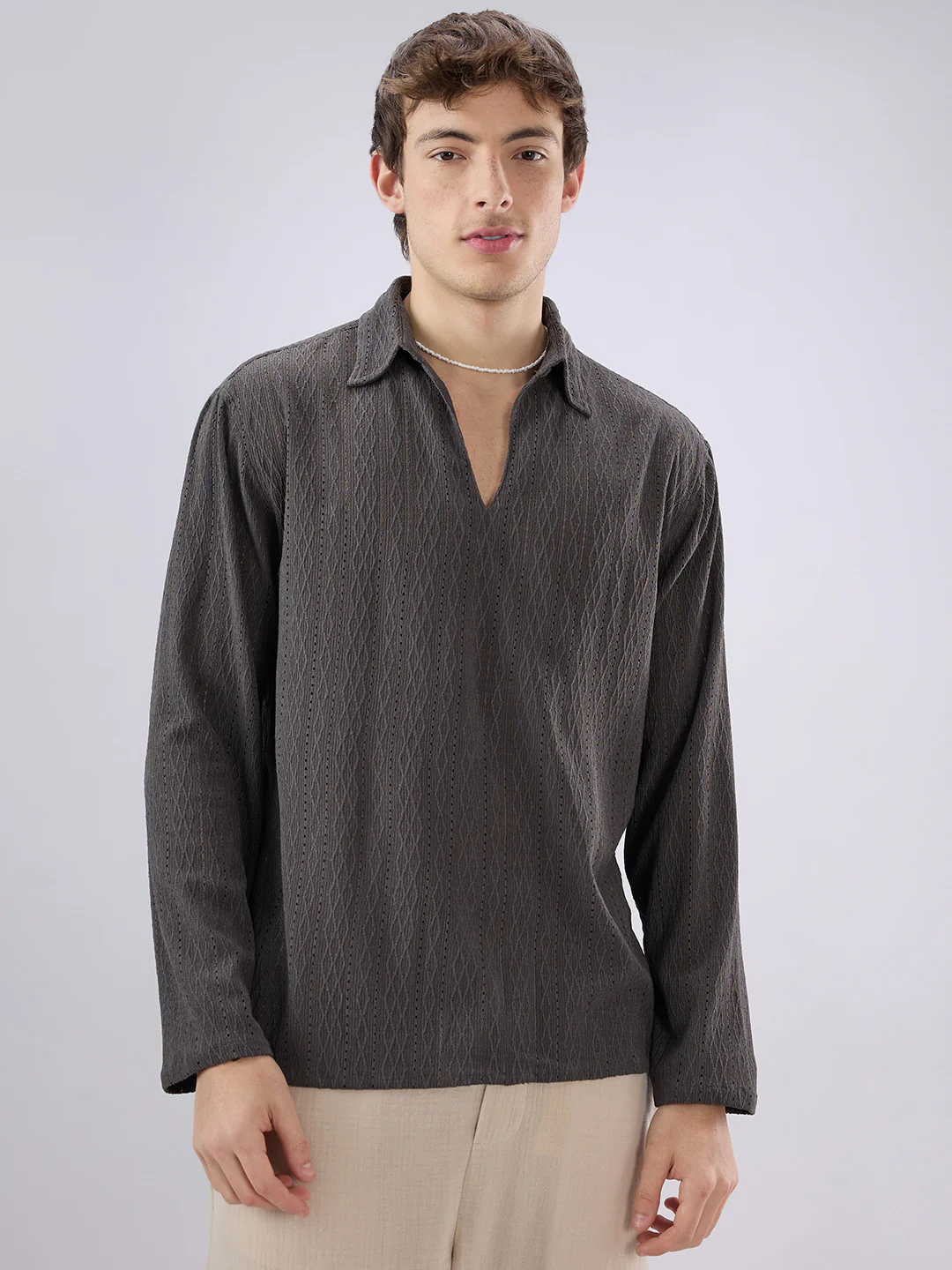 Dark Grey Textured Crochet Polo Oversized Shirt - Image 4